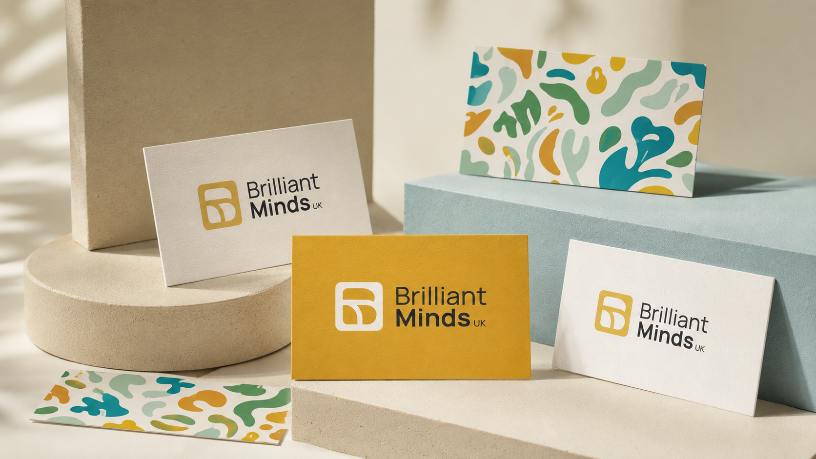 Brilliant Minds UK brand identity applied across business cards